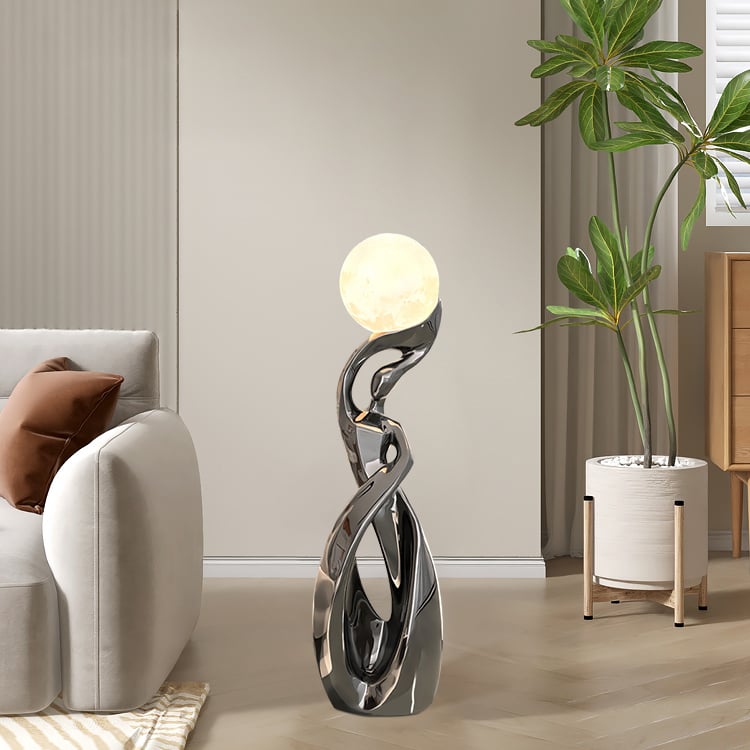 HMR - 9" x 32" Silver Sculpture with Illuminated Sphere Art Decor
