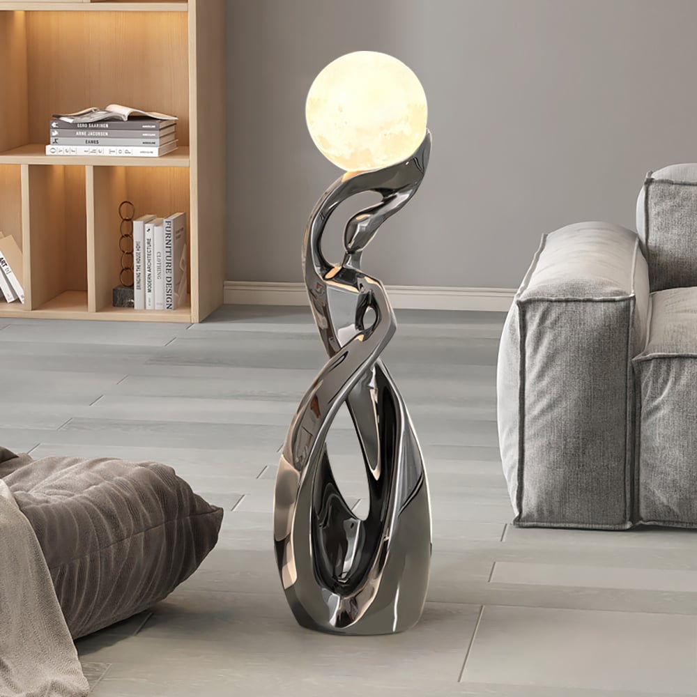 HMR - 9" x 32" Silver Sculpture with Illuminated Sphere Art Decor