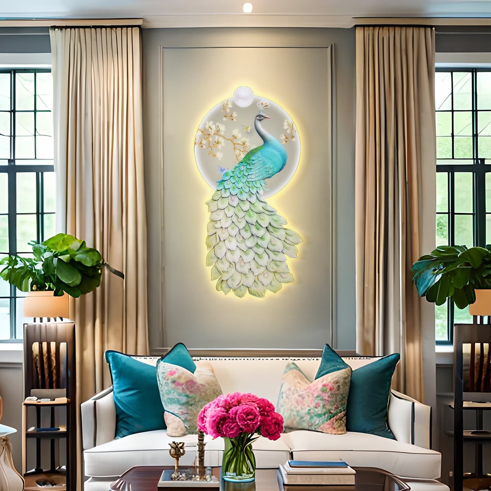 HMR - 31.5" LED Acrylic Peacock Wall Art Modern Abstract Geometric Decor USB Charging
