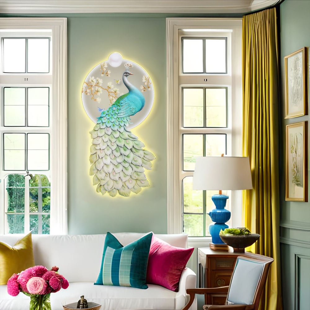 HMR - 31.5" LED Acrylic Peacock Wall Art Modern Abstract Geometric Decor USB Charging