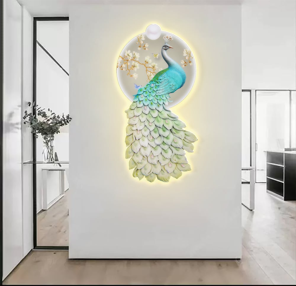 HMR - 31.5" LED Acrylic Peacock Wall Art Modern Abstract Geometric Decor USB Charging