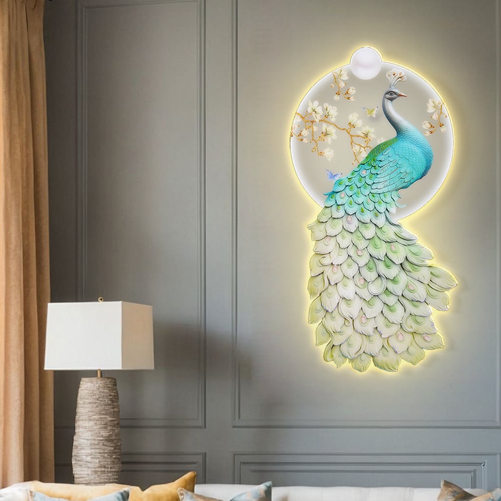 HMR - 31.5" LED Acrylic Peacock Wall Art Modern Abstract Geometric Decor USB Charging