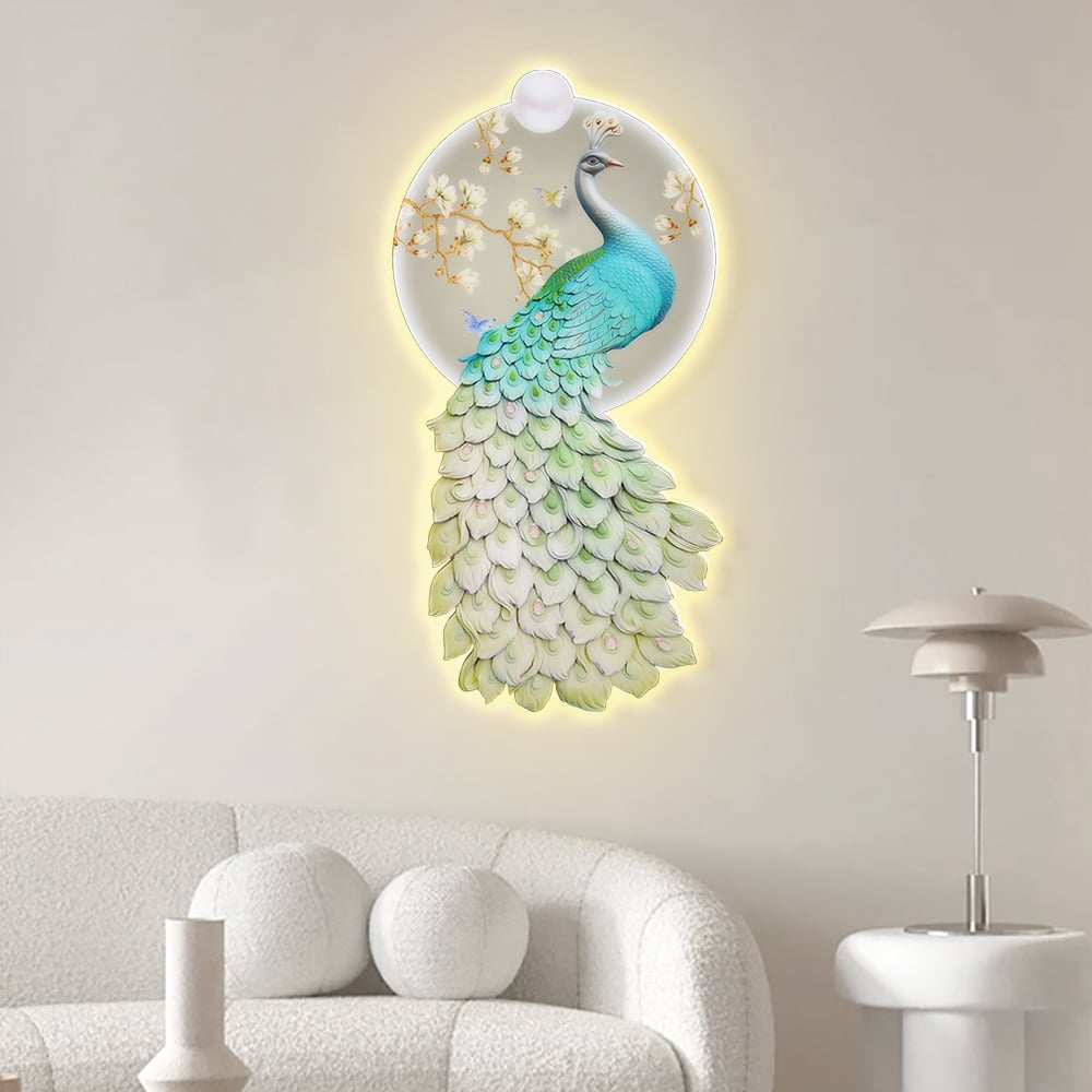 HMR - 31.5" LED Acrylic Peacock Wall Art Modern Abstract Geometric Decor USB Charging