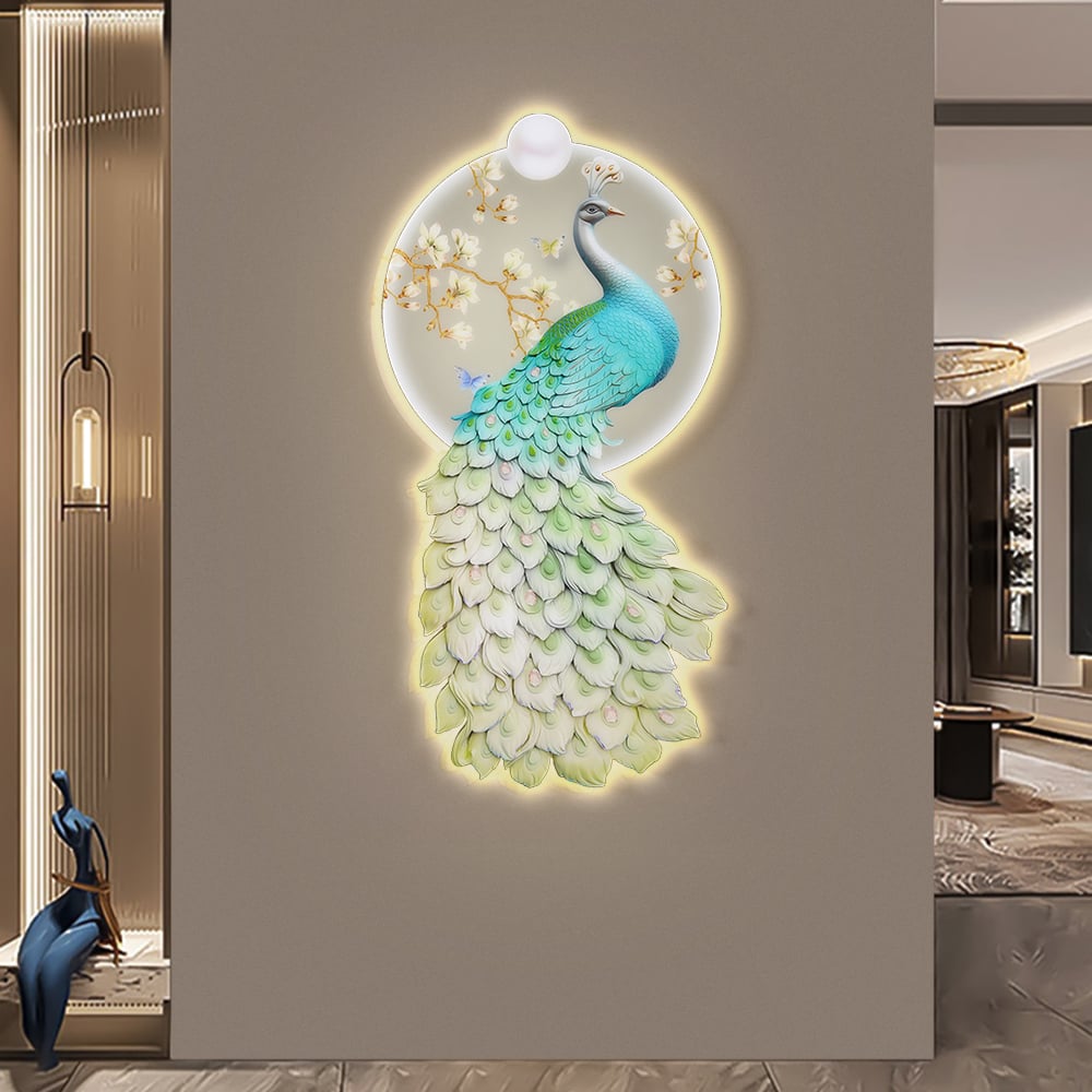 HMR - 31.5" LED Acrylic Peacock Wall Art Modern Abstract Geometric Decor USB Charging