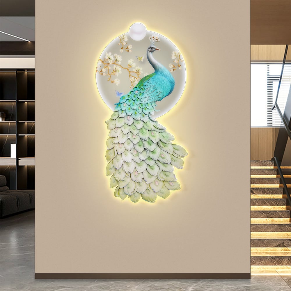 HMR - 31.5" LED Acrylic Peacock Wall Art Modern Abstract Geometric Decor USB Charging