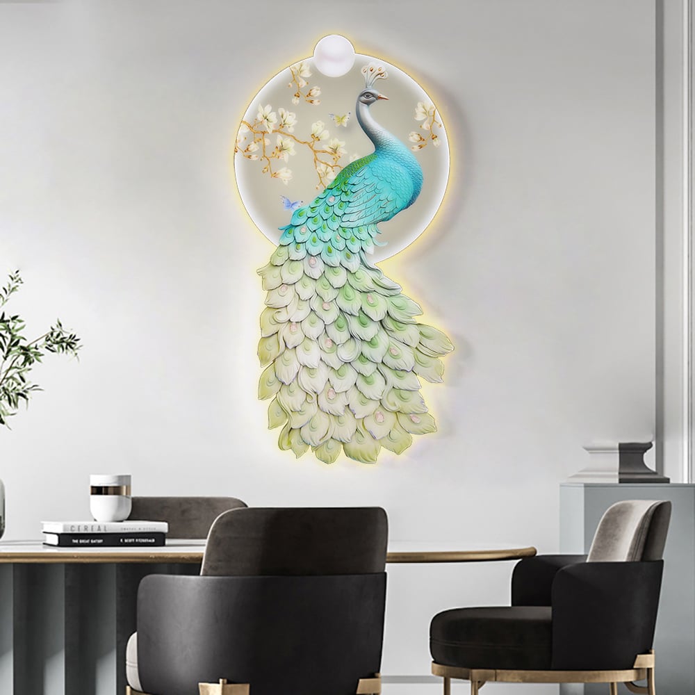 HMR - 31.5" LED Acrylic Peacock Wall Art Modern Abstract Geometric Decor USB Charging