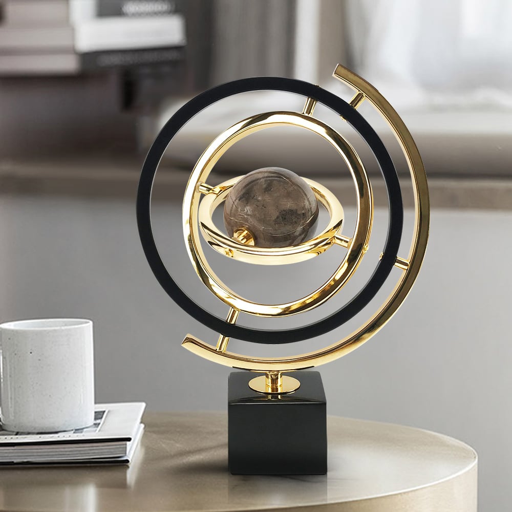 HMR - Modern Abstract Metal Black & Gold Globe Ornament Sculpture Decor with Rectangle Stand