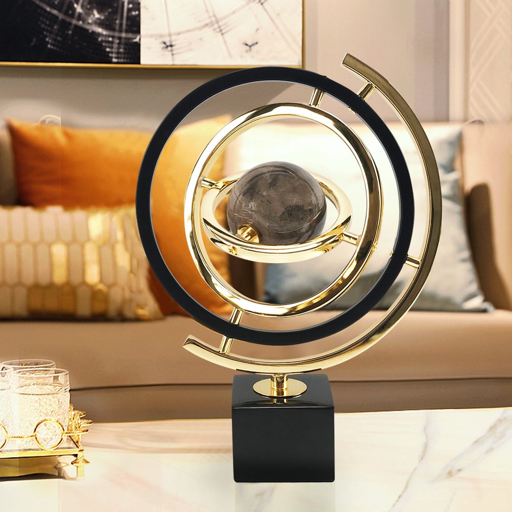 HMR - Modern Abstract Metal Black & Gold Globe Ornament Sculpture Decor with Rectangle Stand