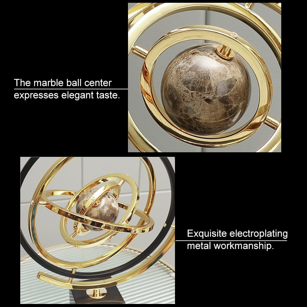 HMR - Modern Abstract Metal Black & Gold Globe Ornament Sculpture Decor with Rectangle Stand