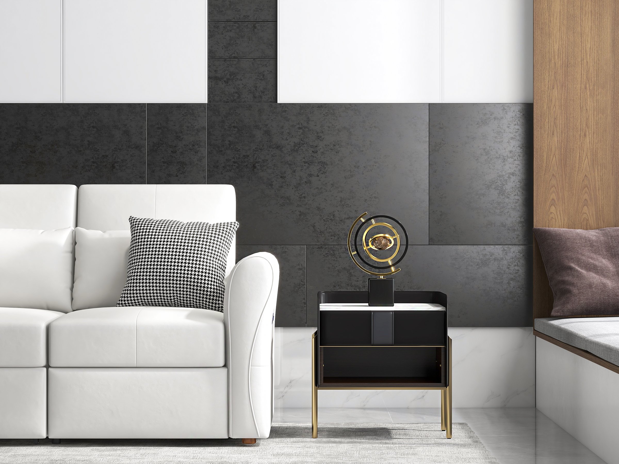 HMR - Modern Abstract Metal Black & Gold Globe Ornament Sculpture Decor with Rectangle Stand