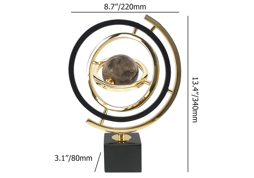 HMR - Modern Abstract Metal Black & Gold Globe Ornament Sculpture Decor with Rectangle Stand