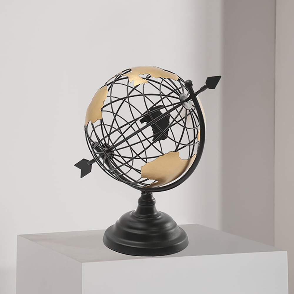 HMR - 11.8" Modern Abstract Metal Black & Gold Wireframe Globe Sculpture Ornament Decor Art