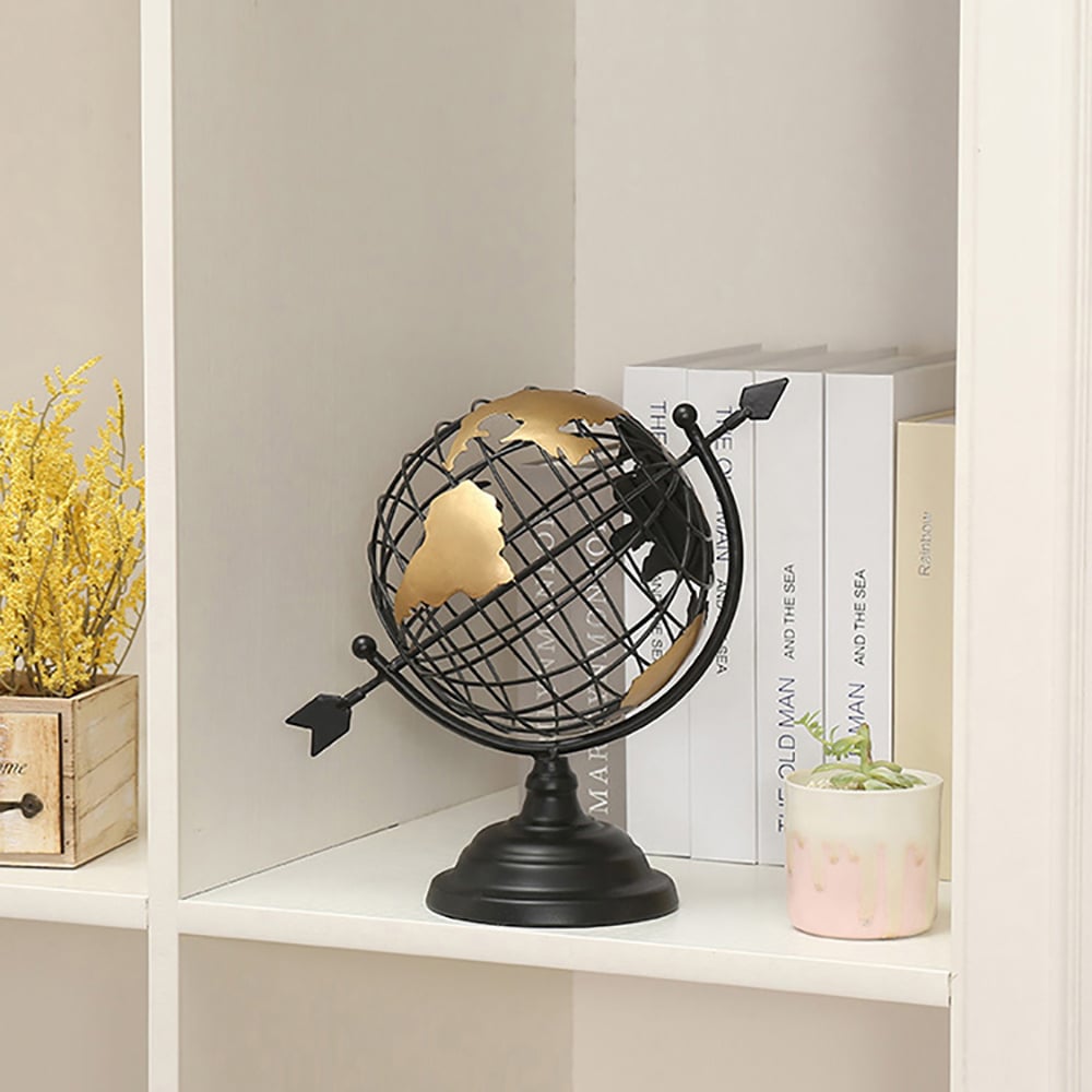 HMR - 11.8" Modern Abstract Metal Black & Gold Wireframe Globe Sculpture Ornament Decor Art