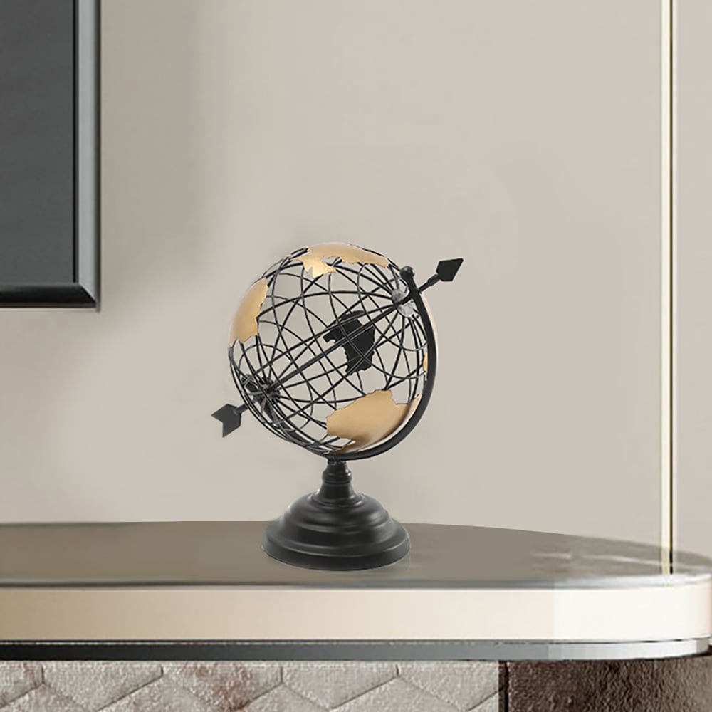 HMR - 11.8" Modern Abstract Metal Black & Gold Wireframe Globe Sculpture Ornament Decor Art