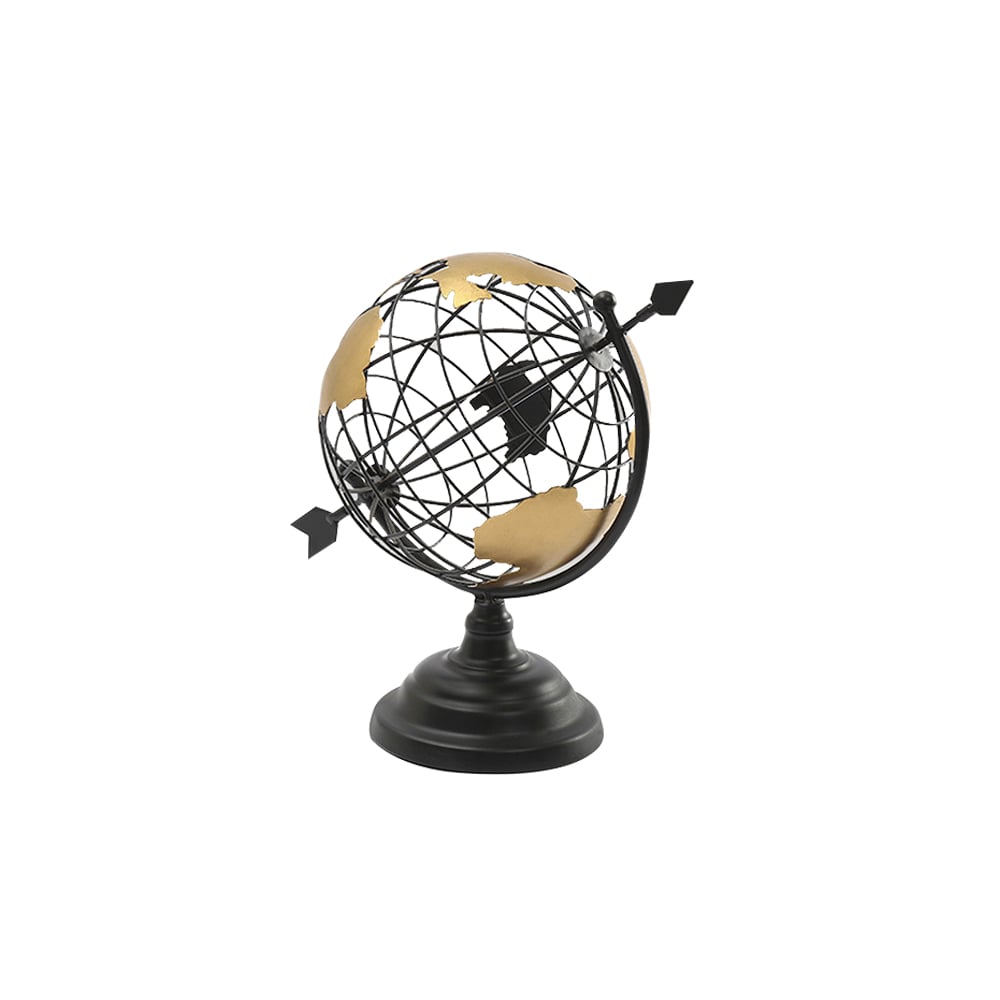 HMR - 11.8" Modern Abstract Metal Black & Gold Wireframe Globe Sculpture Ornament Decor Art