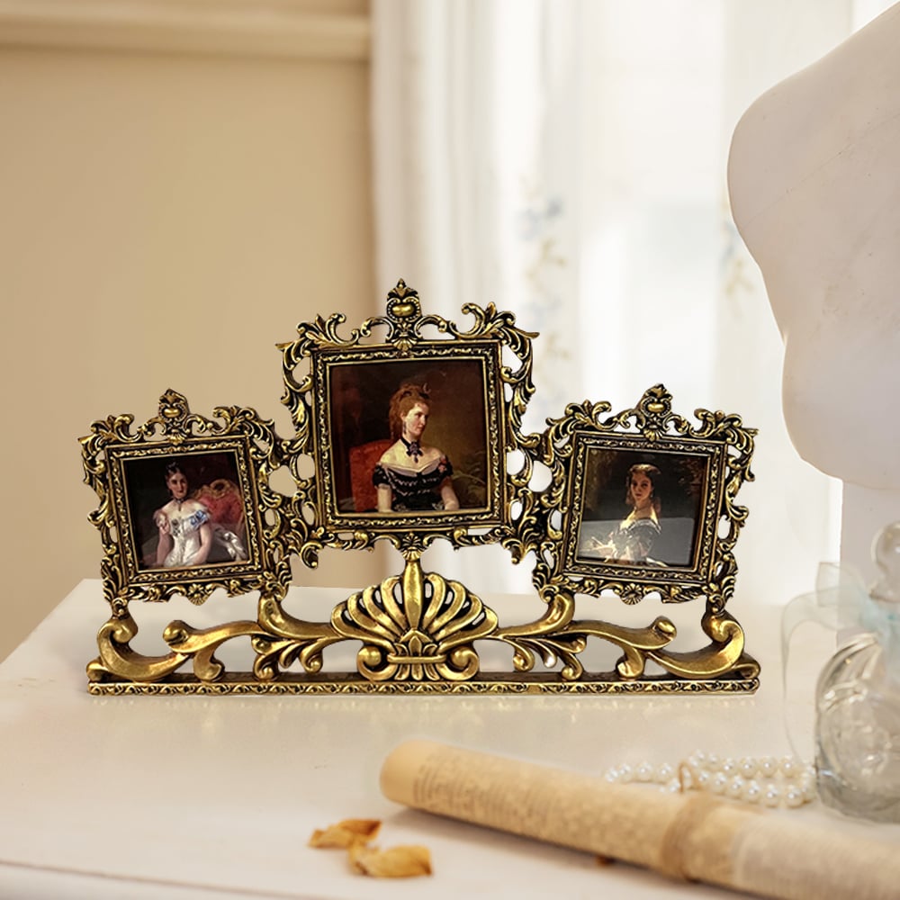 HMR - Vintage Gold Resin Carved Desktop Photo Frame Collage 3 Pictures Glass Window Frame