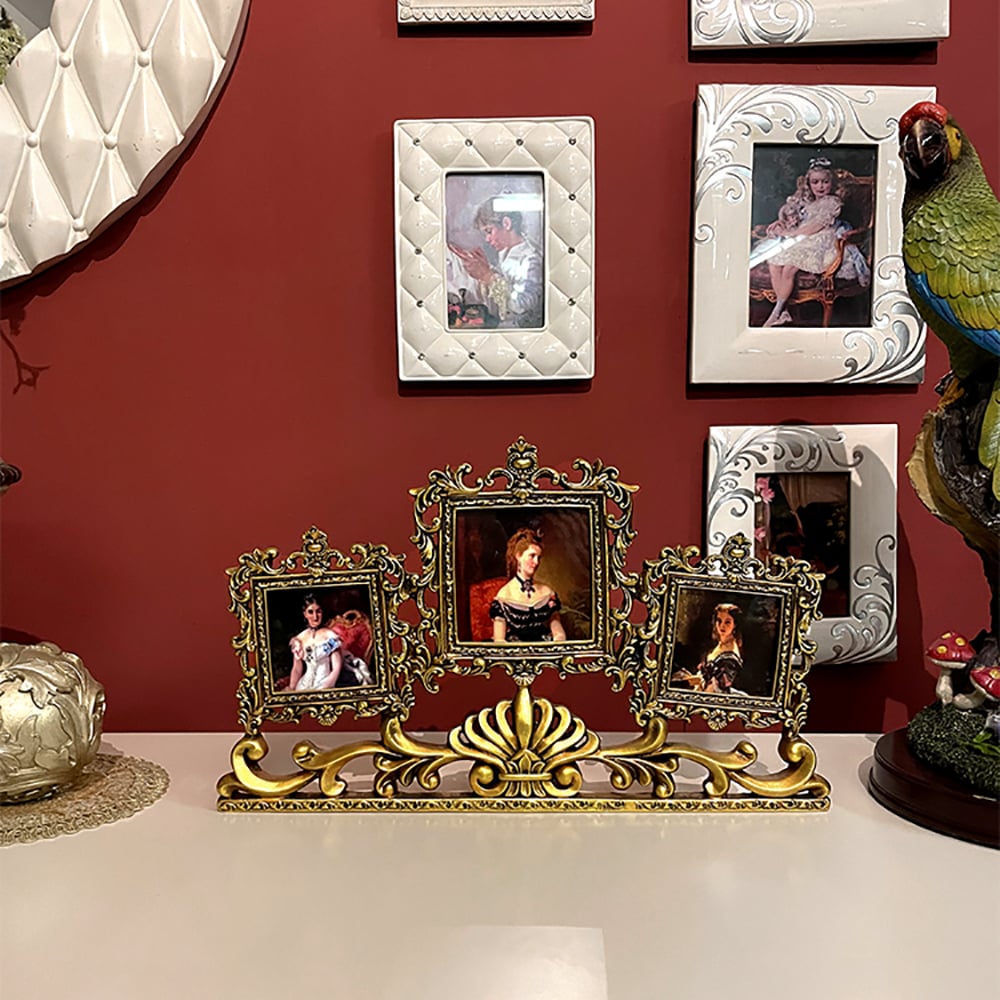 HMR - Vintage Gold Resin Carved Desktop Photo Frame Collage 3 Pictures Glass Window Frame