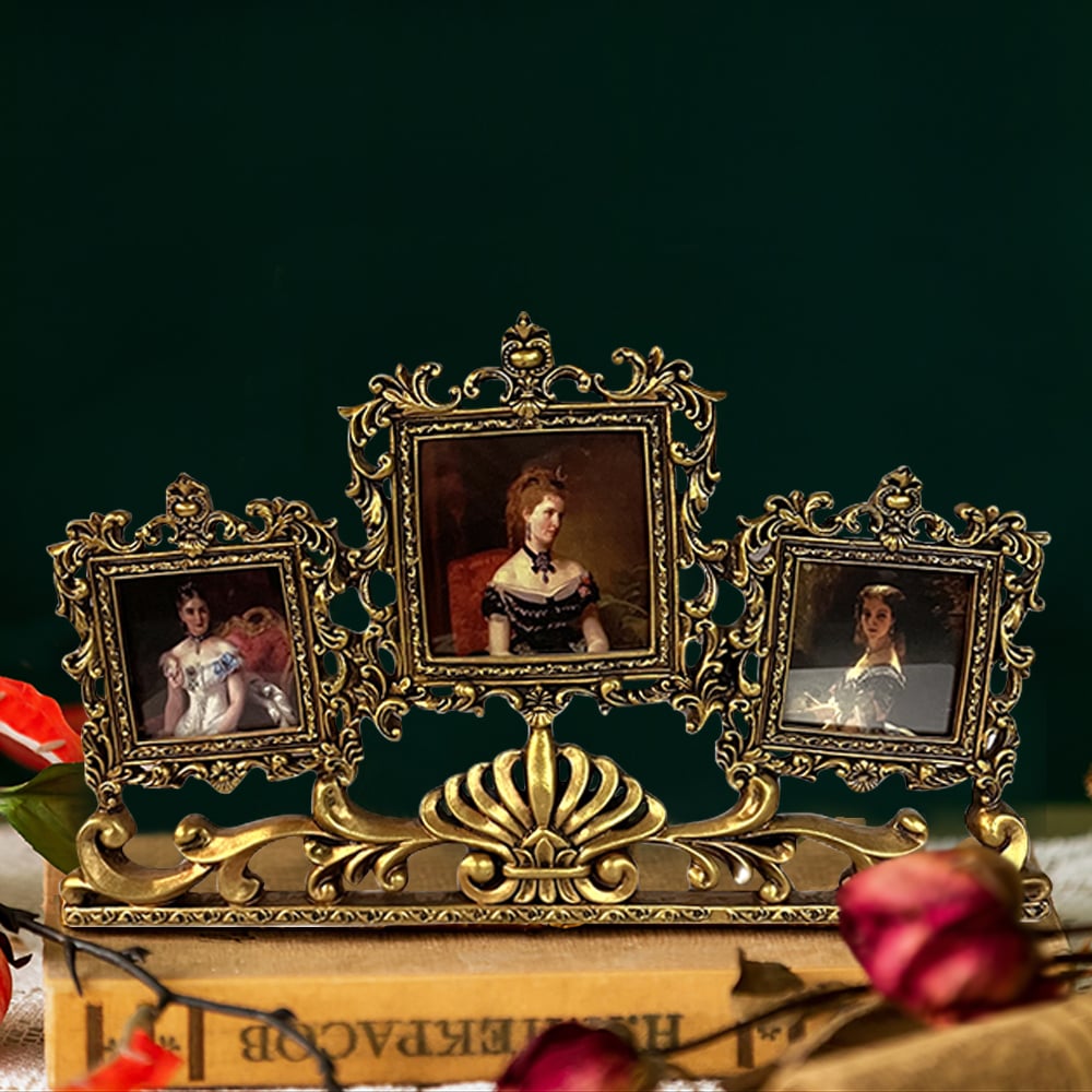 HMR - Vintage Gold Resin Carved Desktop Photo Frame Collage 3 Pictures Glass Window Frame