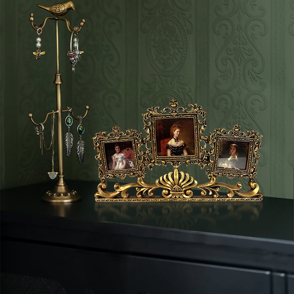 HMR - Vintage Gold Resin Carved Desktop Photo Frame Collage 3 Pictures Glass Window Frame