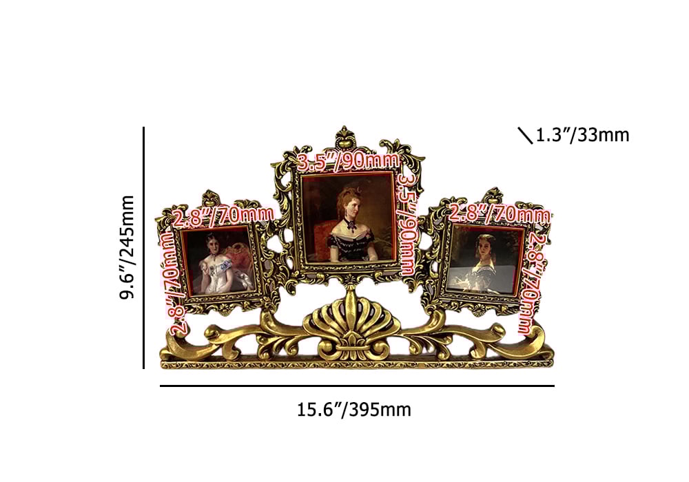 HMR - Vintage Gold Resin Carved Desktop Photo Frame Collage 3 Pictures Glass Window Frame