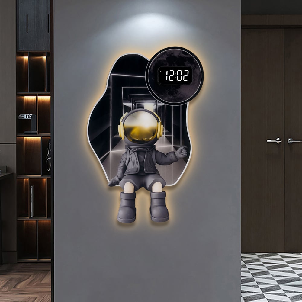 HMR - 23.6" LED Digital Astronaut Wall Clock Spaceman Decor Art Living Room Bedroom in Black