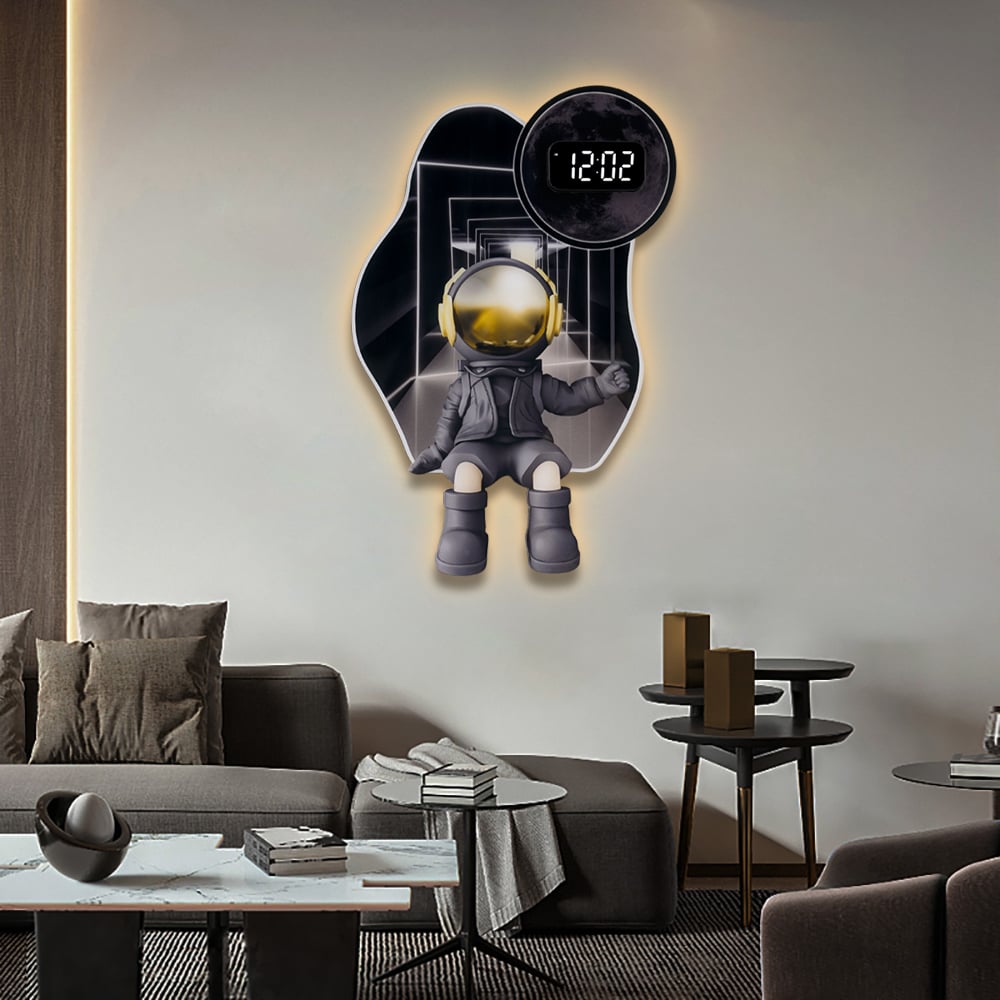 HMR - 23.6" LED Digital Astronaut Wall Clock Spaceman Decor Art Living Room Bedroom in Black