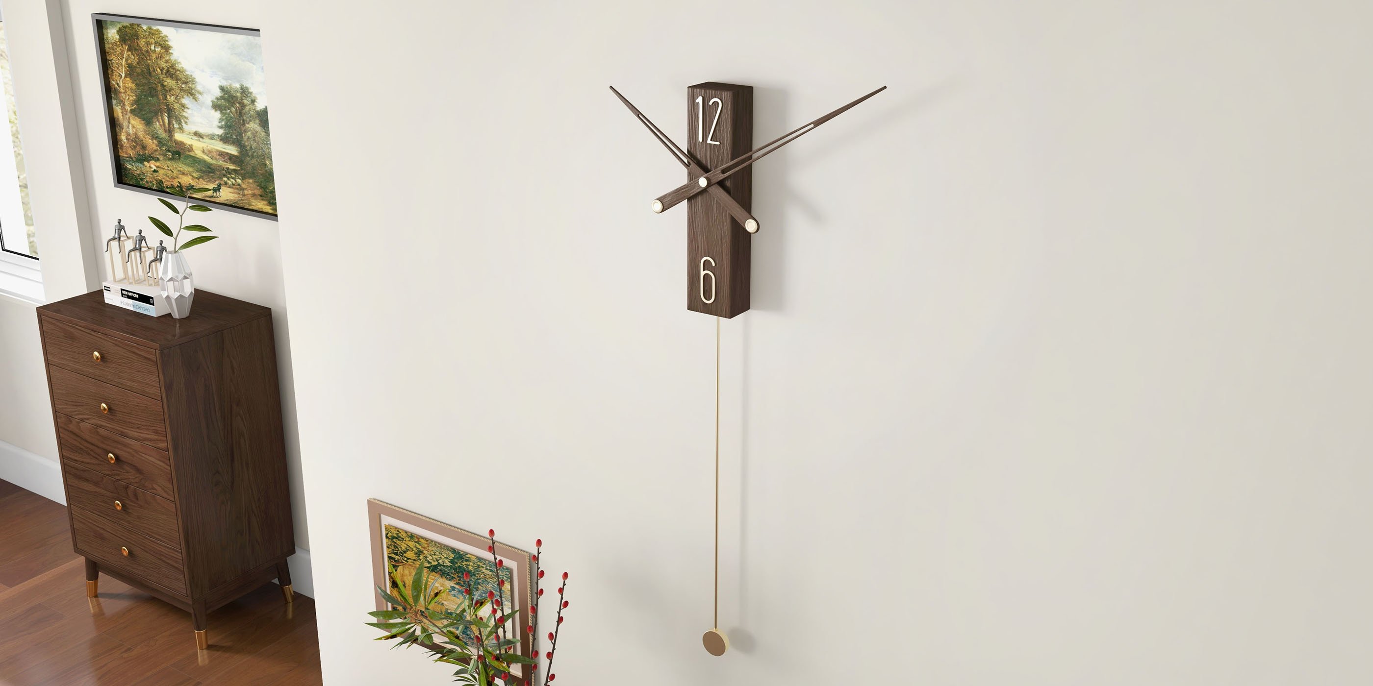 HMR - Modern Large Decorative Wall Clock Rectangle Walnut Wood Wall Clocks with Pendulum