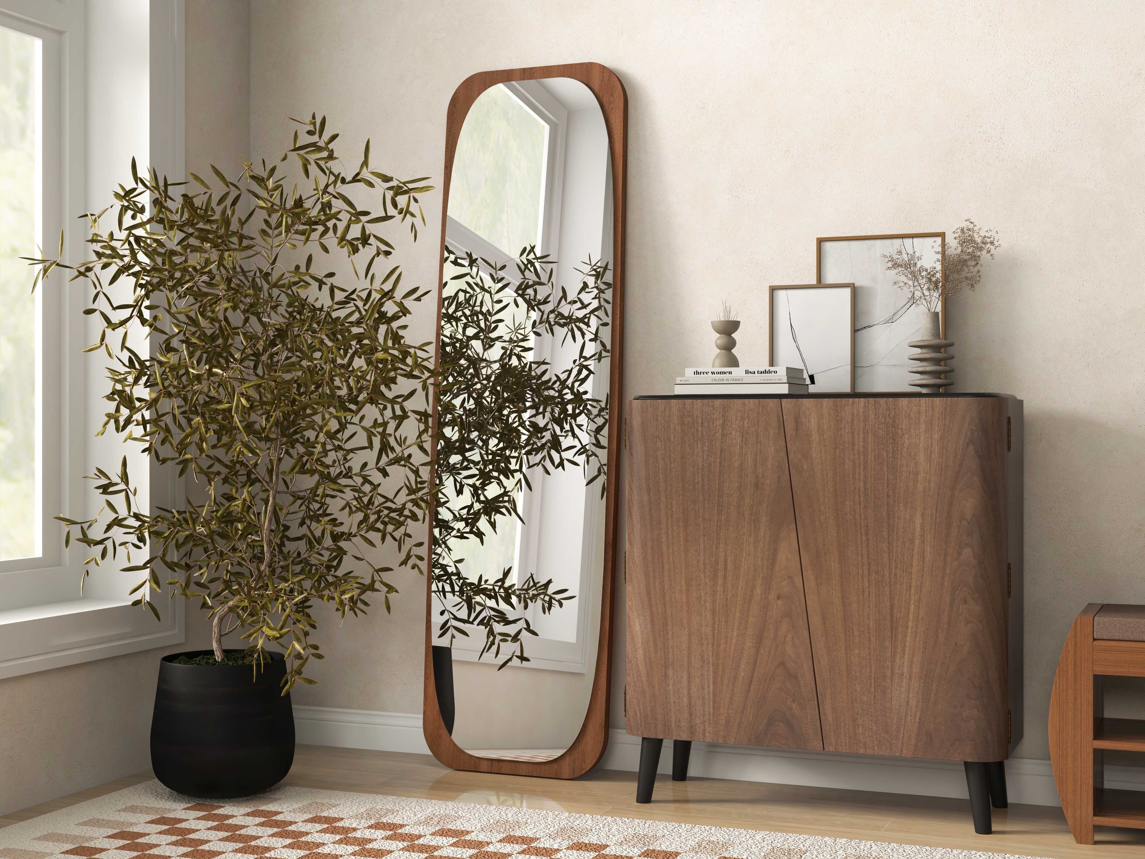 HMR - Mid-Century Rectangle Full Length Floor Mirror Wood Frame 69"x 20" Leaning Mirror Walnut