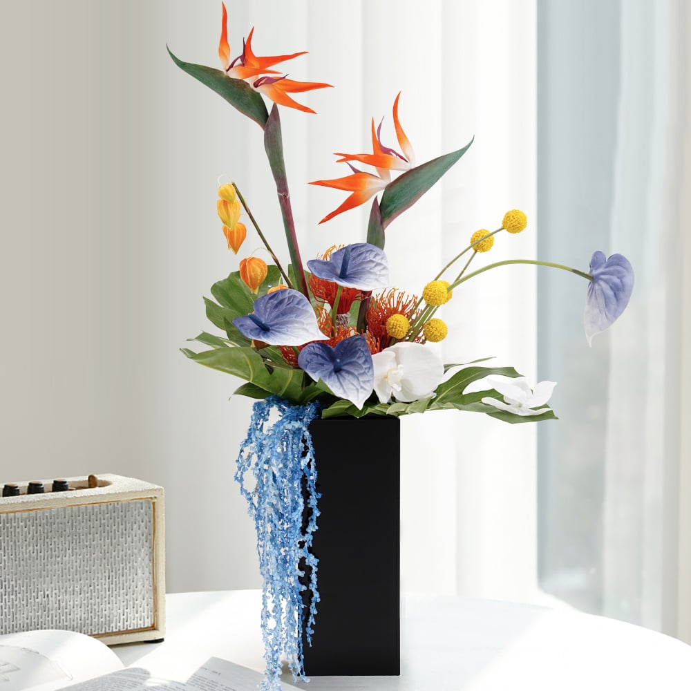 HMR - Modern Iris Artificial Flowers Arrangement in Vase Black Acrylic Vase Fake Flower Decor