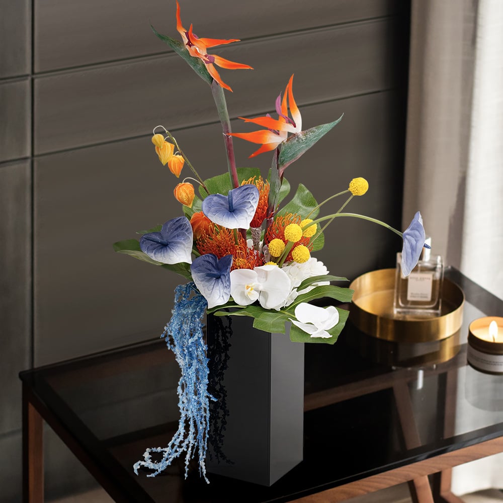 HMR - Modern Iris Artificial Flowers Arrangement in Vase Black Acrylic Vase Fake Flower Decor