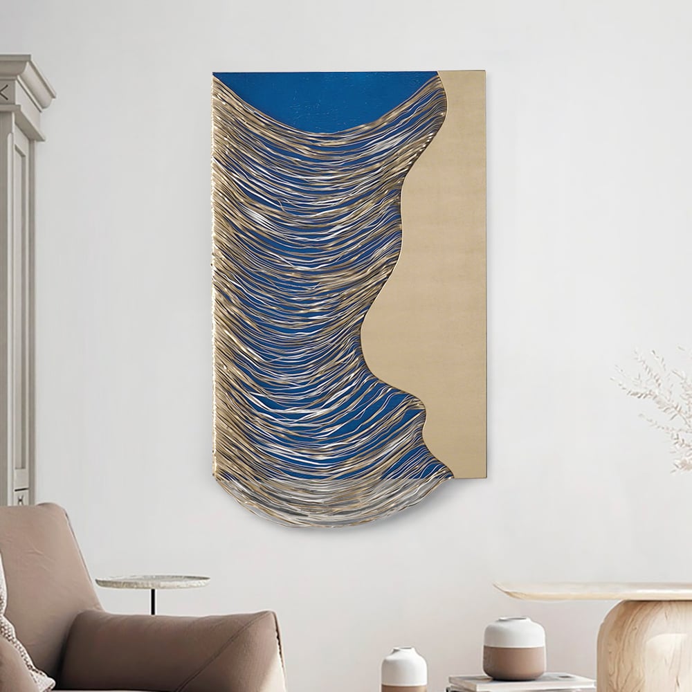 HMR 3D Modern Geometric Abstract Wood Wall Decor Art for Living Room Bedroom - Blue & Gold