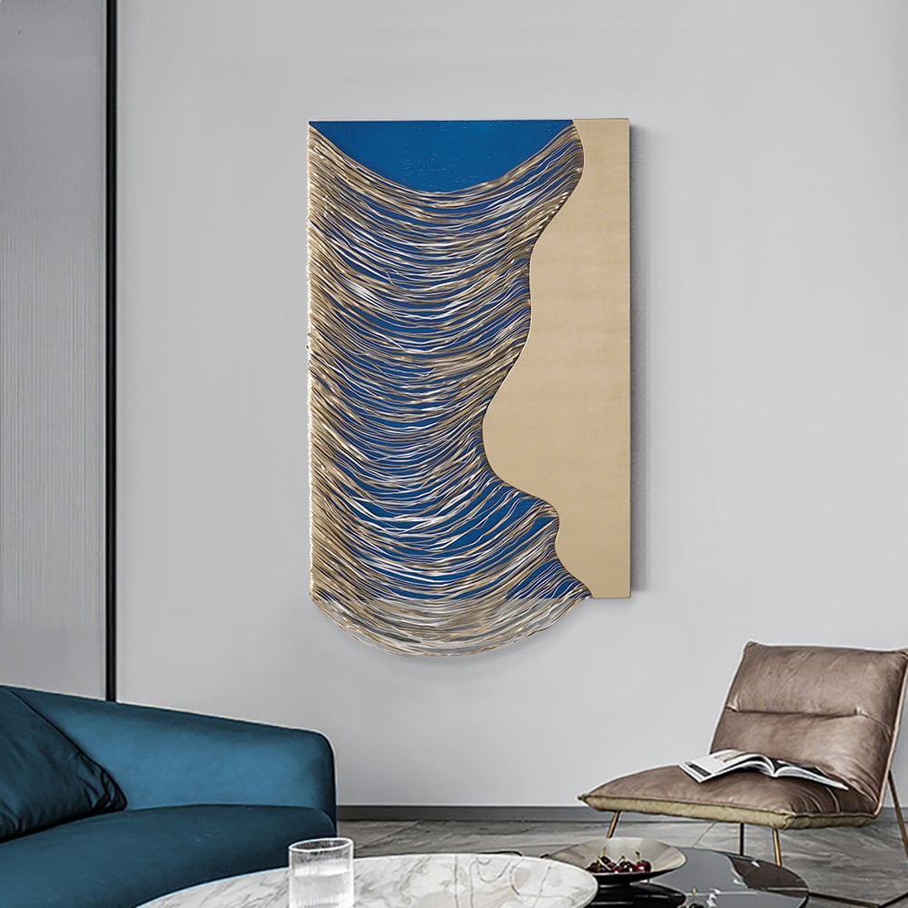 HMR 3D Modern Geometric Abstract Wood Wall Decor Art for Living Room Bedroom - Blue & Gold