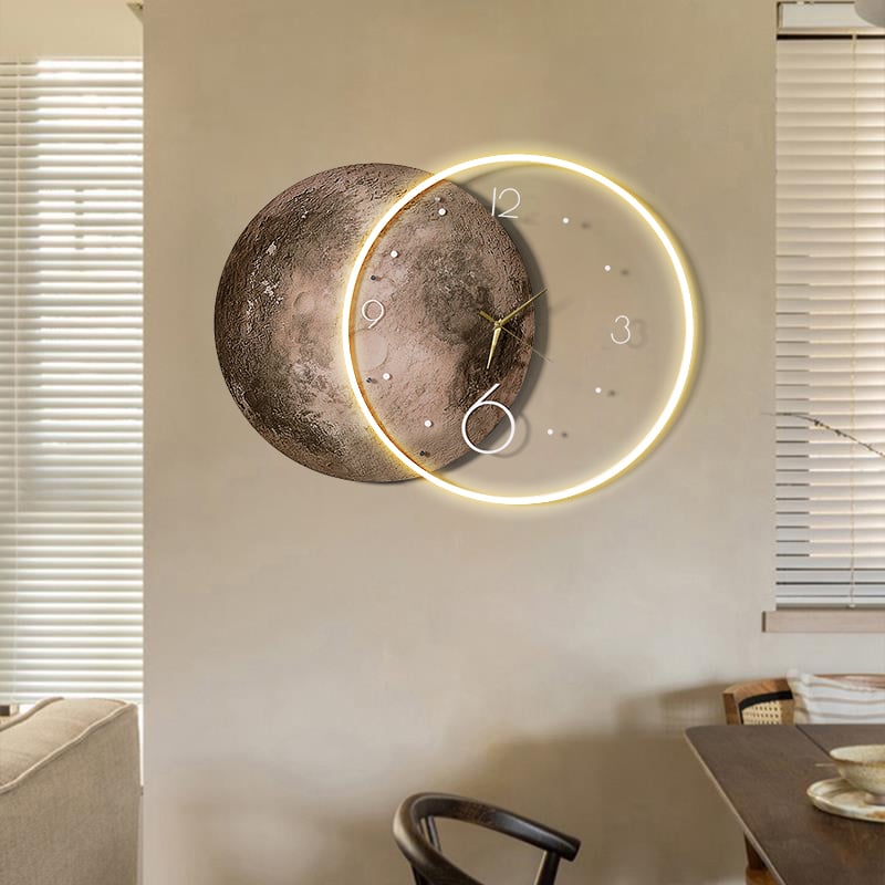 HMR - Round Modern Cool Brown Moon Large Wall Clock LED Light Wall Clock Wall Decoration