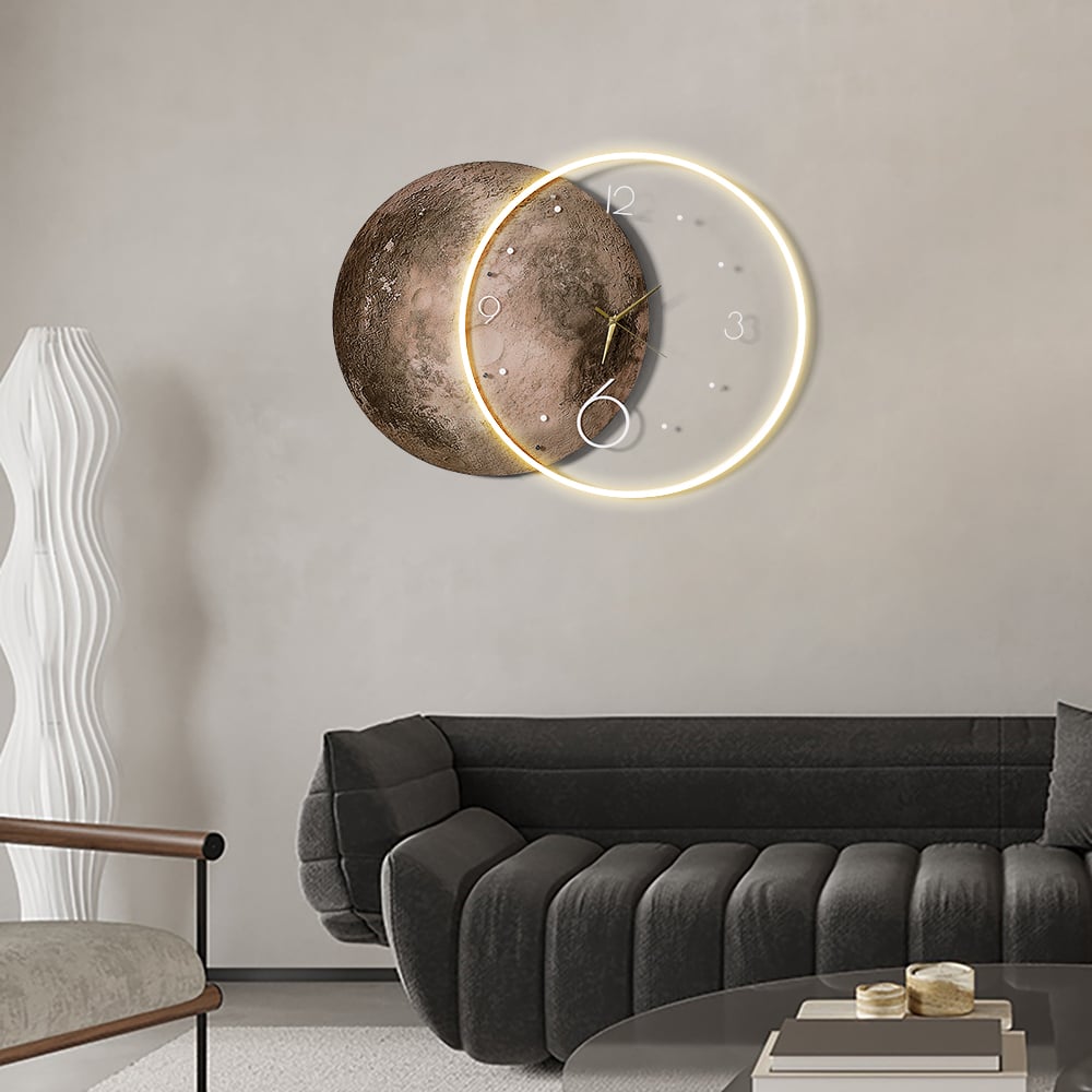HMR - Round Modern Cool Brown Moon Large Wall Clock LED Light Wall Clock Wall Decoration