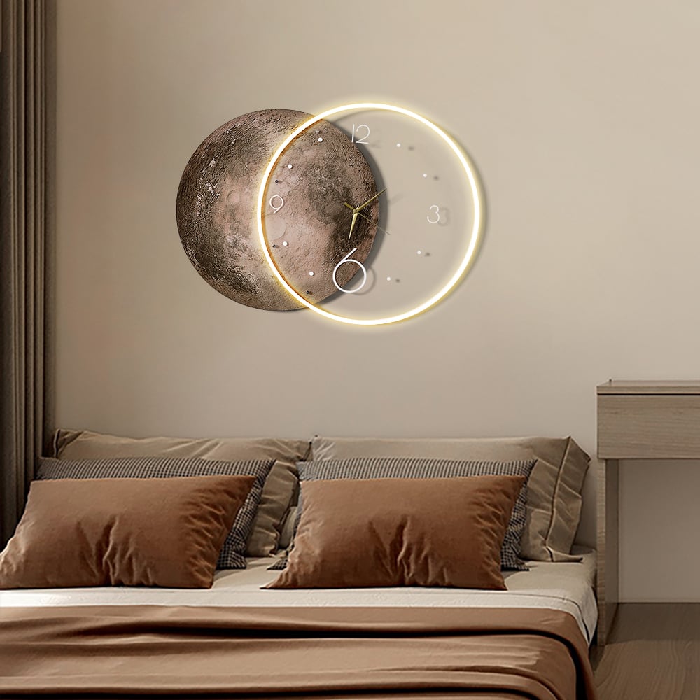 HMR - Round Modern Cool Brown Moon Large Wall Clock LED Light Wall Clock Wall Decoration