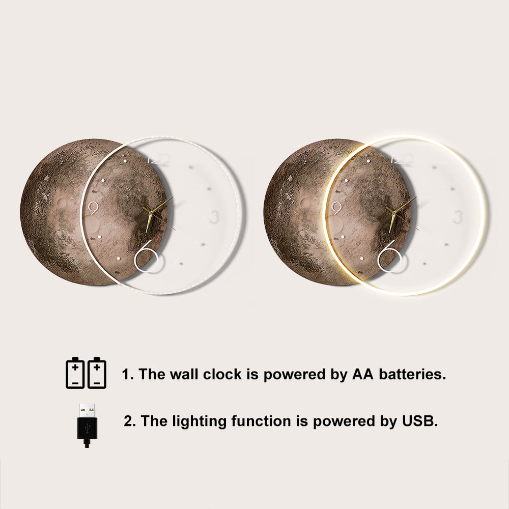 HMR - Round Modern Cool Brown Moon Large Wall Clock LED Light Wall Clock Wall Decoration