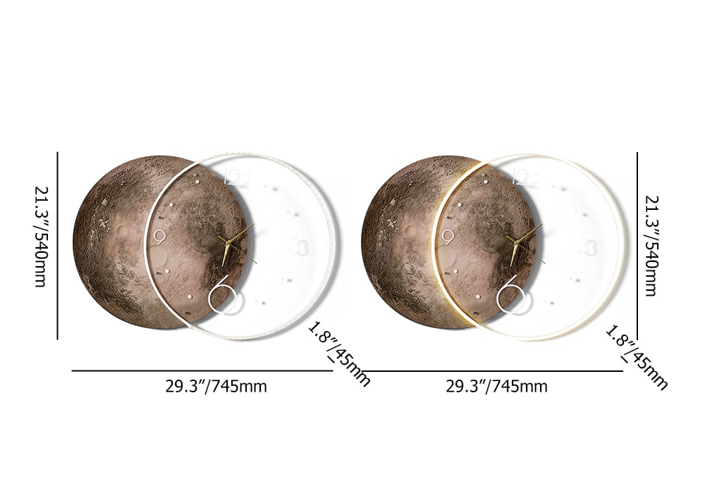 HMR - Round Modern Cool Brown Moon Large Wall Clock LED Light Wall Clock Wall Decoration