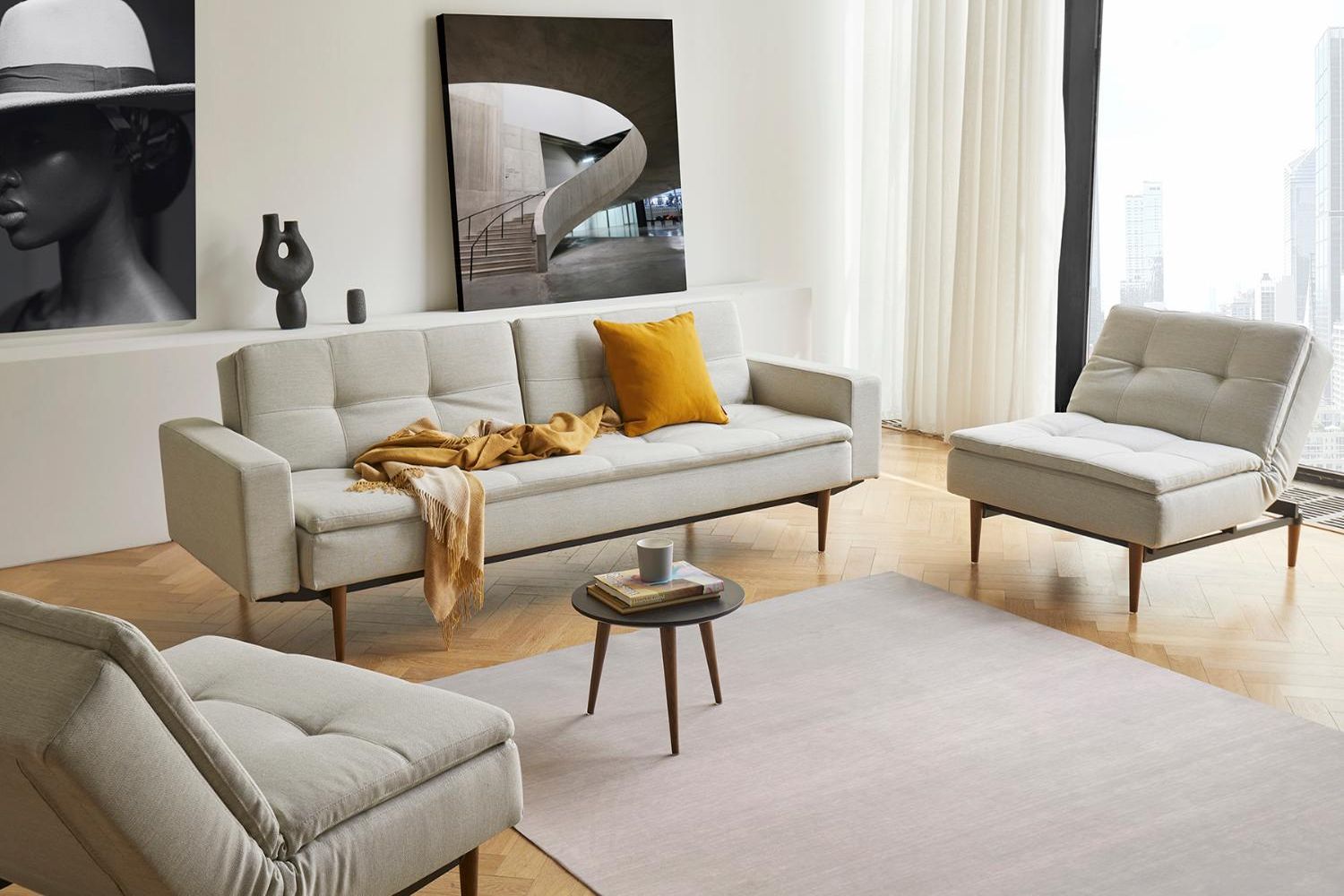 Innovation Living Dublexo Styletto Sofa Bed Dark Wood with Arms - 575 Vivus Dusty Olive