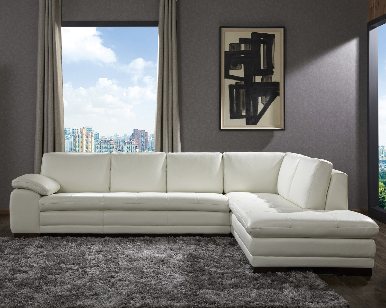 J&M 625 Italian Leather Sectional - Right Hand Facing, White