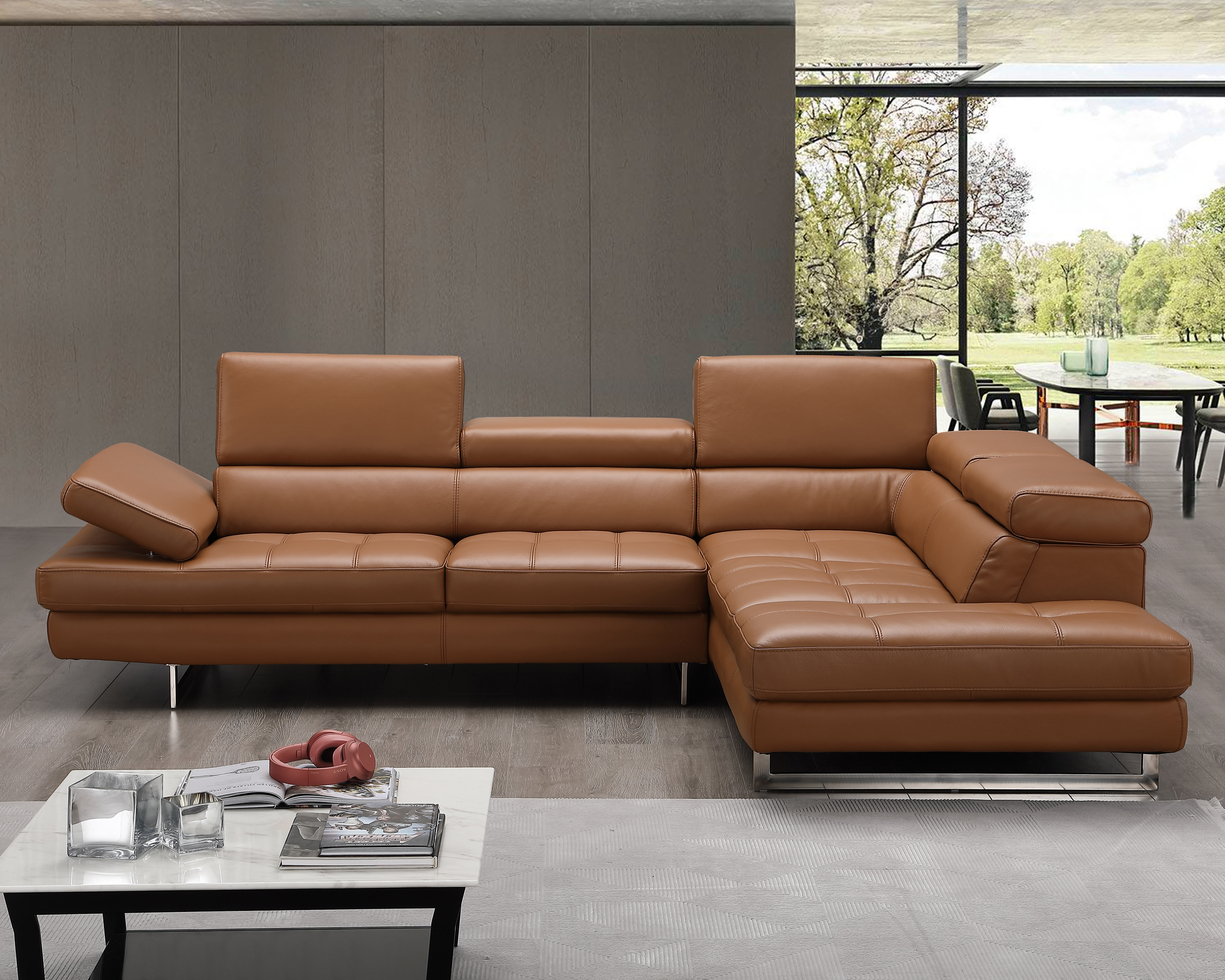 J&M A761 Italian Leather Sectional - Right Hand Facing, Caramel