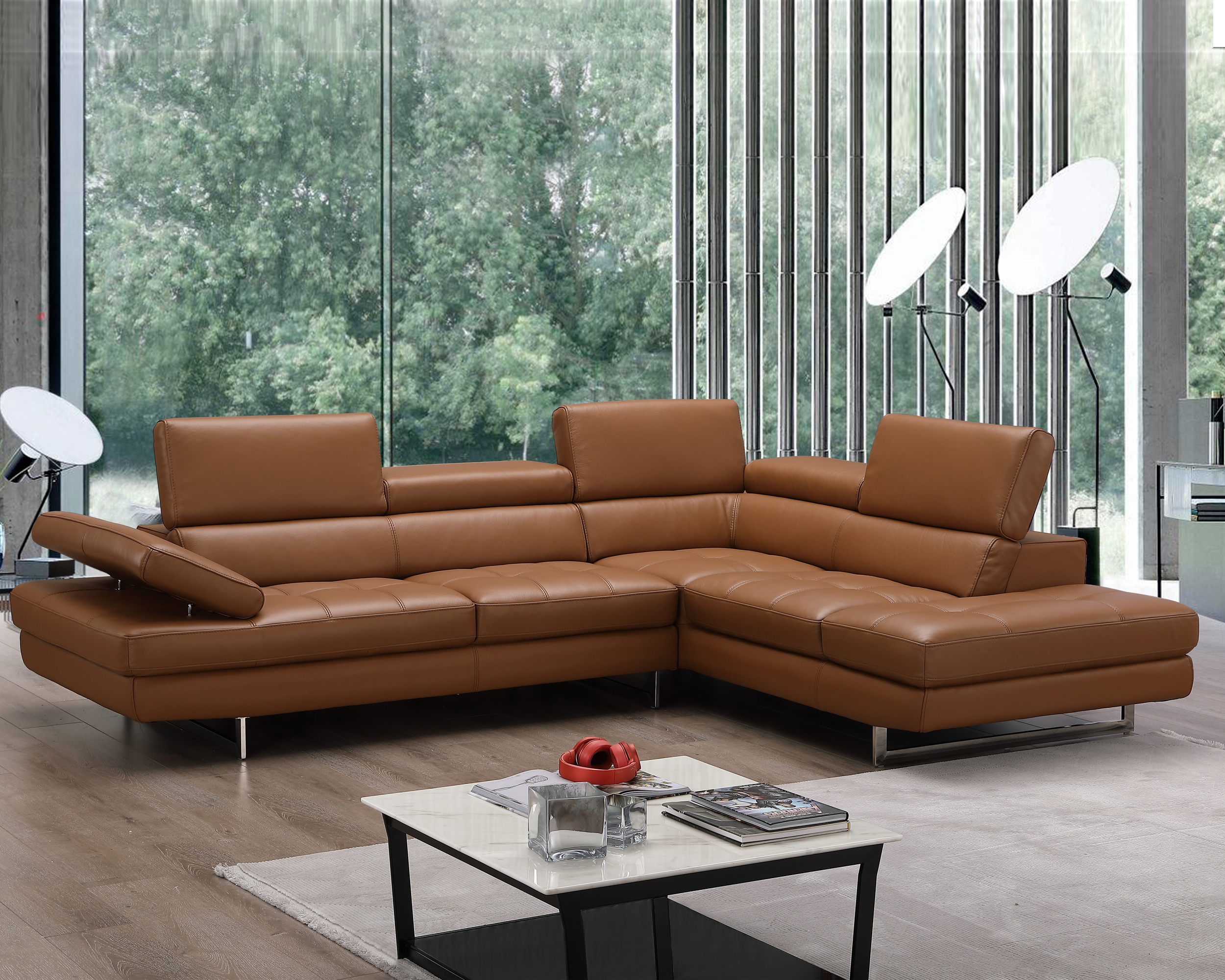 J&M A761 Italian Leather Sectional - Right Hand Facing, Caramel