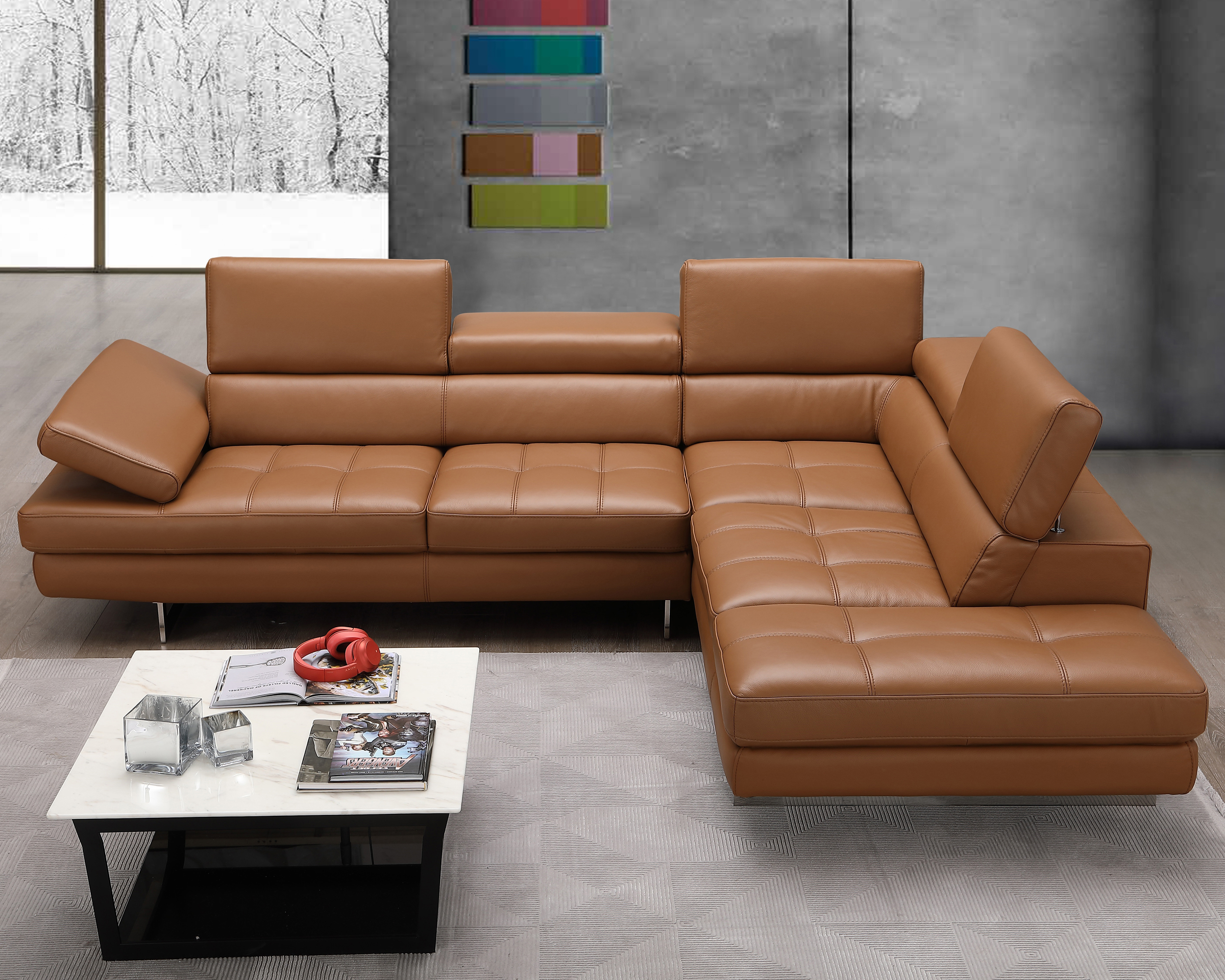 J&M A761 Italian Leather Sectional - Right Hand Facing, Caramel