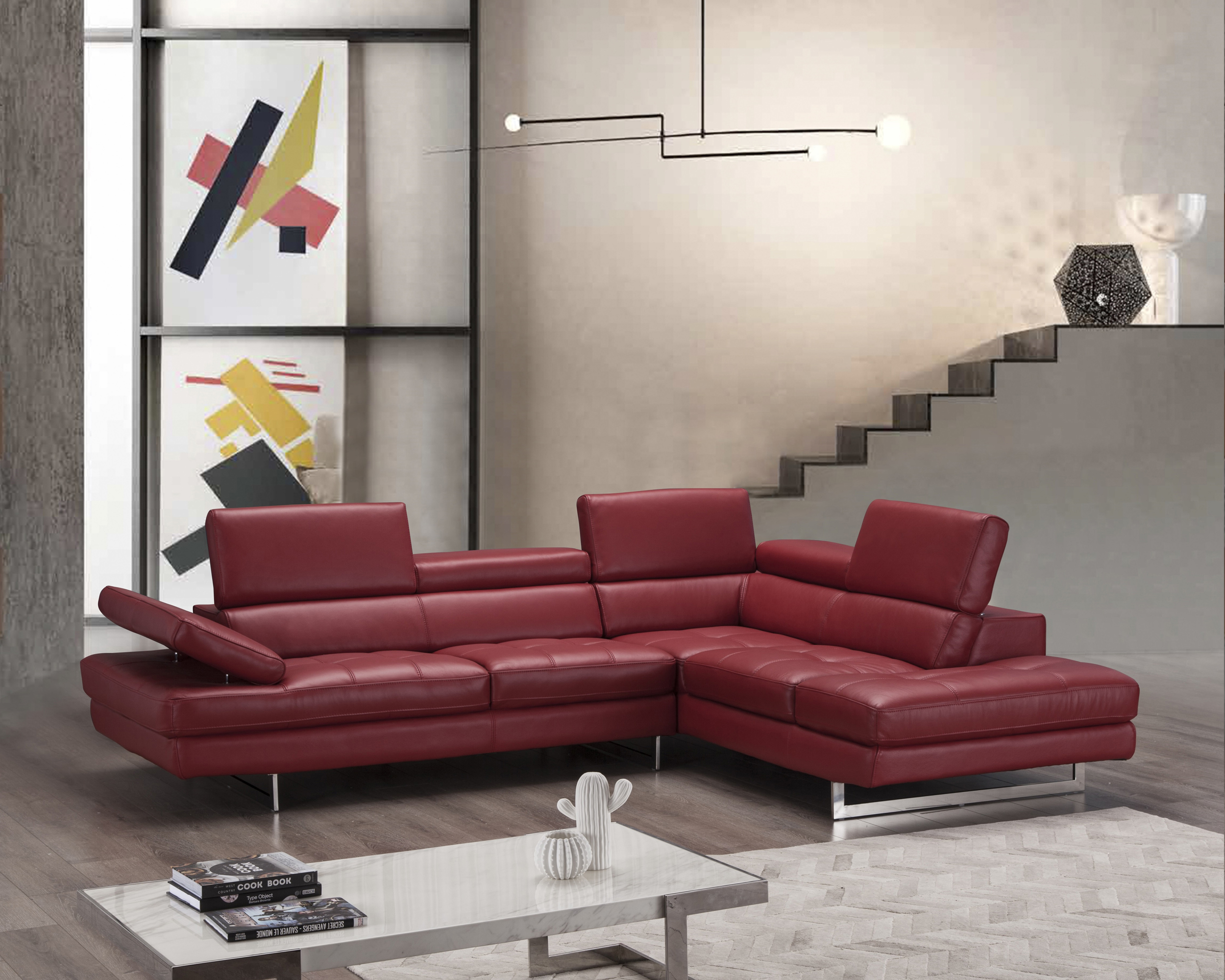 J&M A761 Italian Leather Sectional - Right Hand Facing, Red
