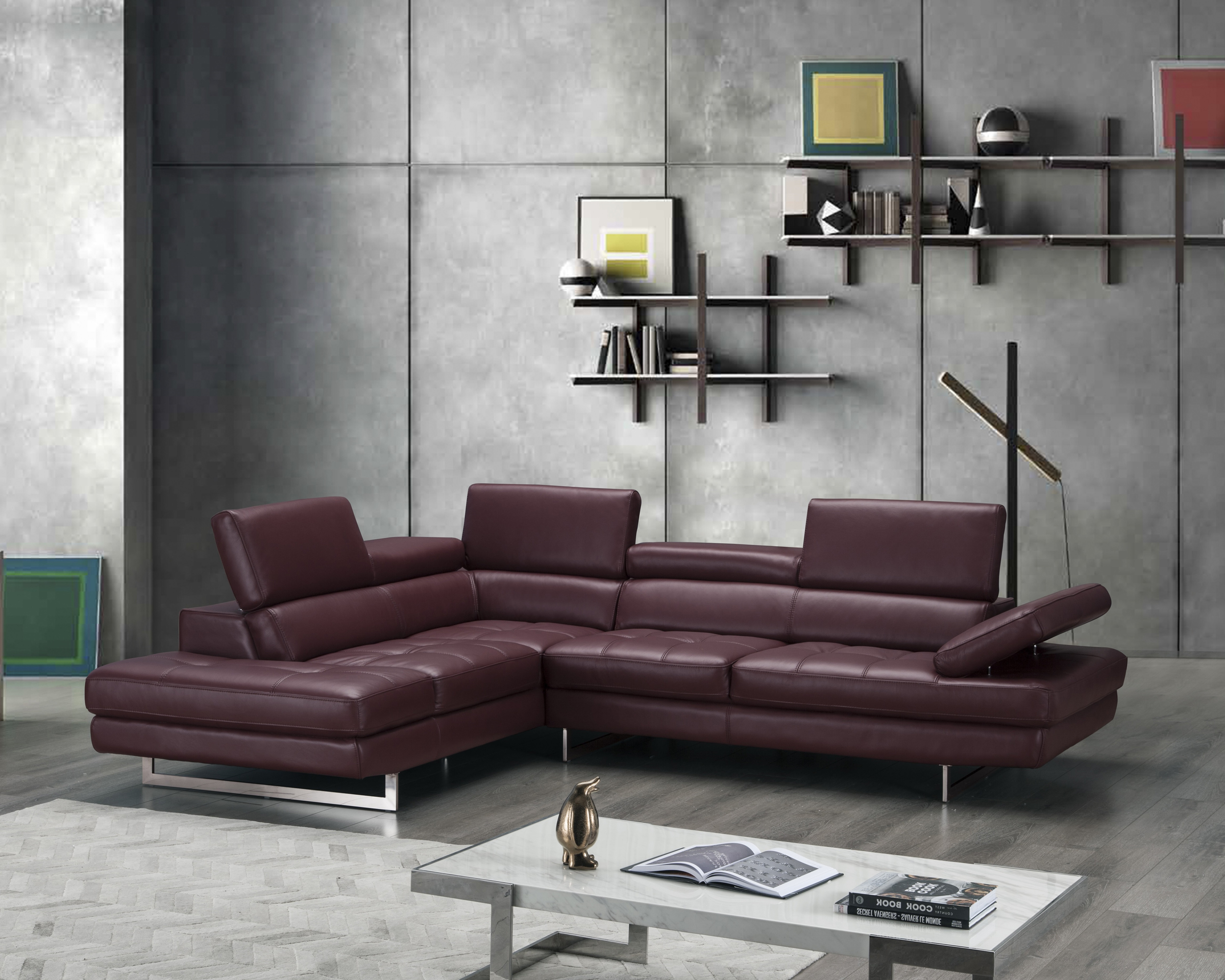 J&M A761 Italian Leather Sectional - Left Hand Facing, Maroon