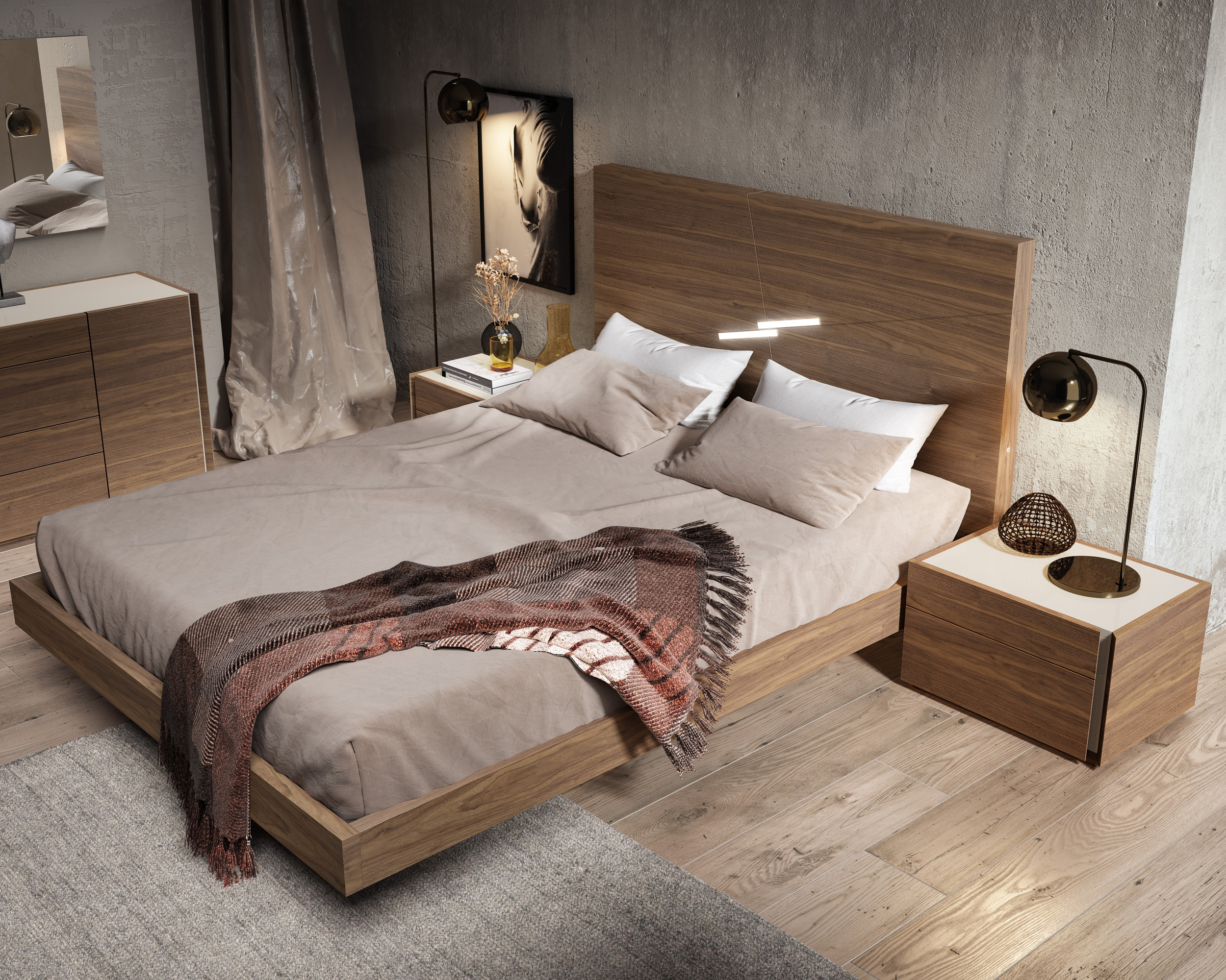 J&M Faro Queen Size Bed - Walnut