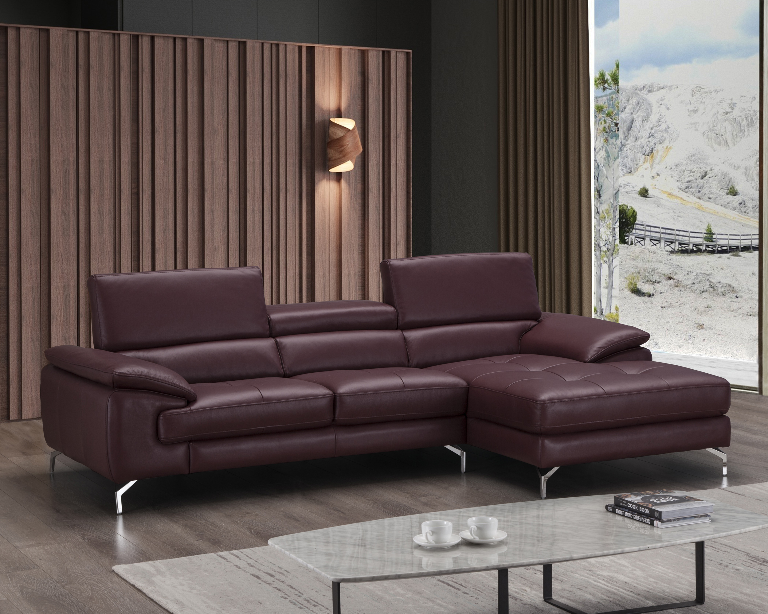 J&M A973B Italian Leather Mini Sectional - Right Facing Chaise, Maroon