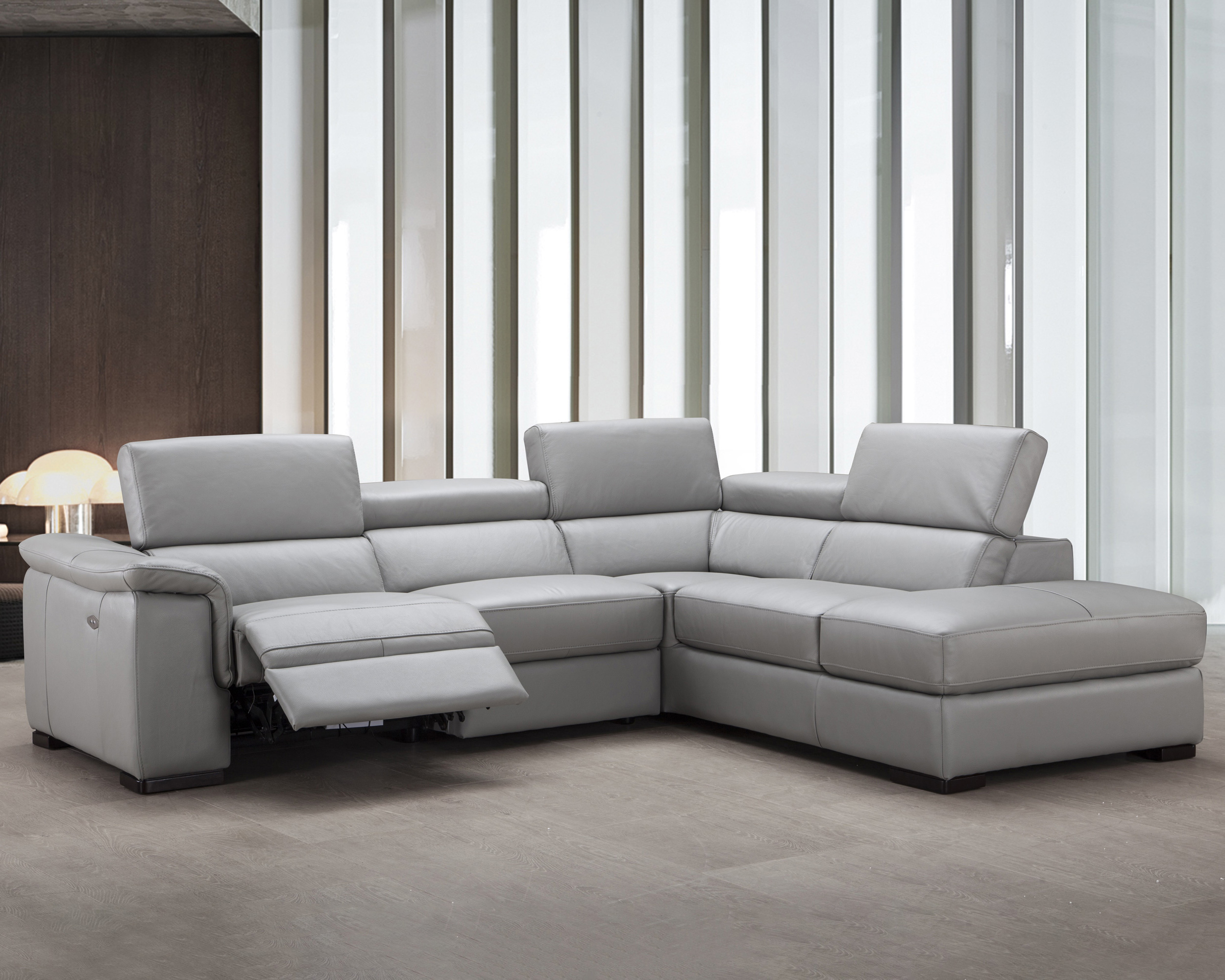J&M Perla Premium Leather Sectional - Right Hand Facing Chaise, Light Gray