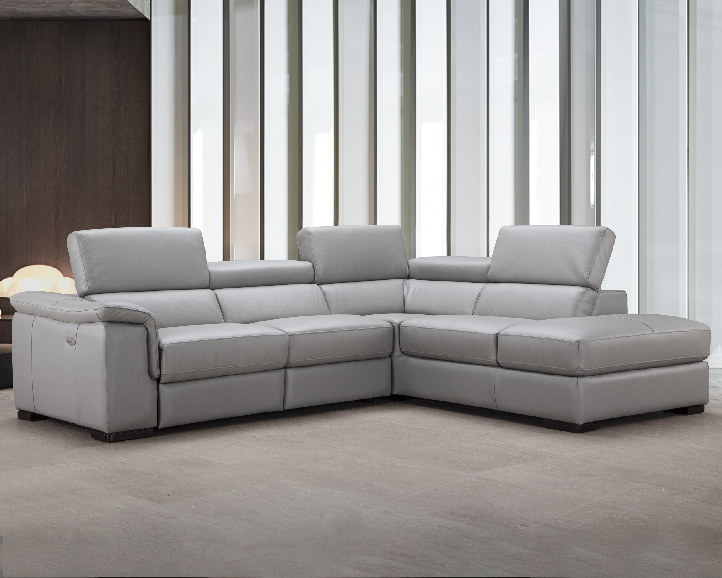 J&M Perla Premium Leather Sectional - Right Hand Facing Chaise, Light Gray