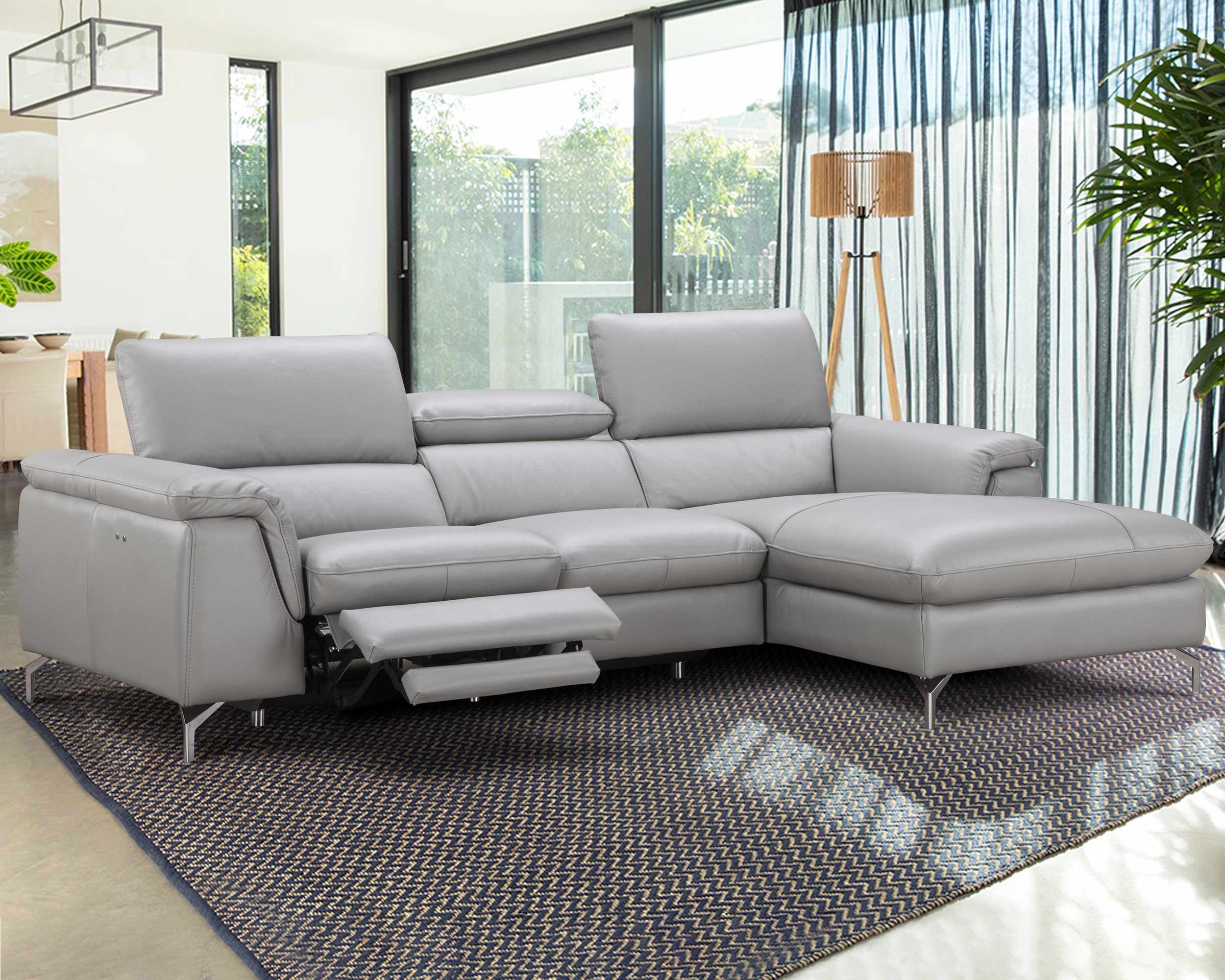 J&M Serena Premium Leather Sectional - Right Hand Facing Chaise, Light Gray