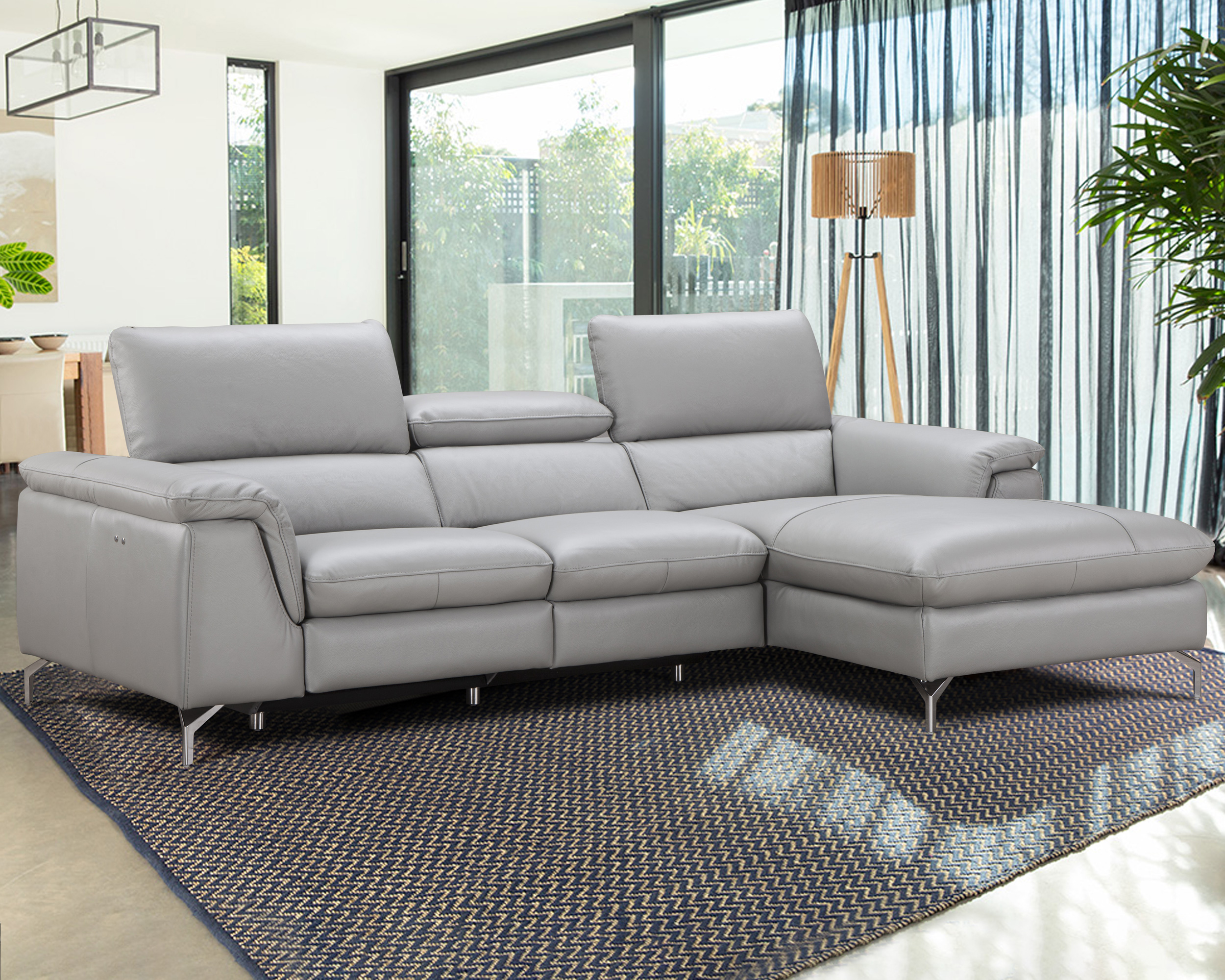 J&M Serena Premium Leather Sectional - Right Hand Facing Chaise, Light Gray